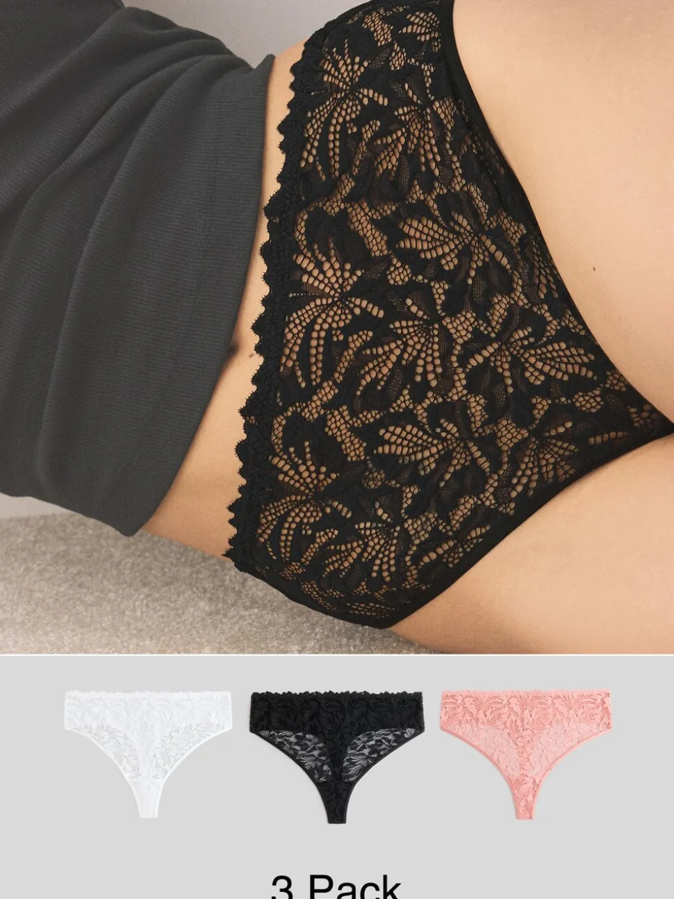 Black/White/Nude High Waisted Thong Lace Front NVPL Knickers 3 Pack