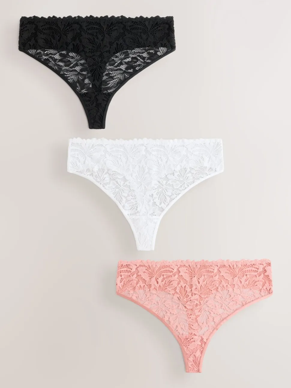 Black/White/Nude High Waisted Thong Lace Front NVPL Knickers 3 Pack