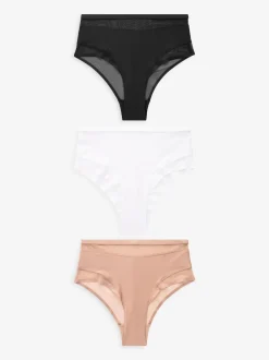 Black/White/Nude Mesh Trim High Waist High Leg Knickers 3 Pack