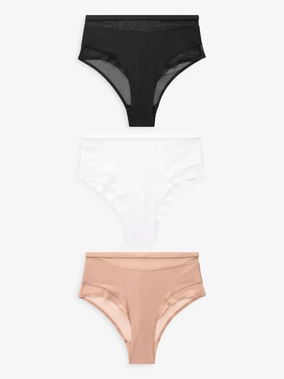 Black/White/Nude Mesh Trim High Waist High Leg Knickers 3 Pack
