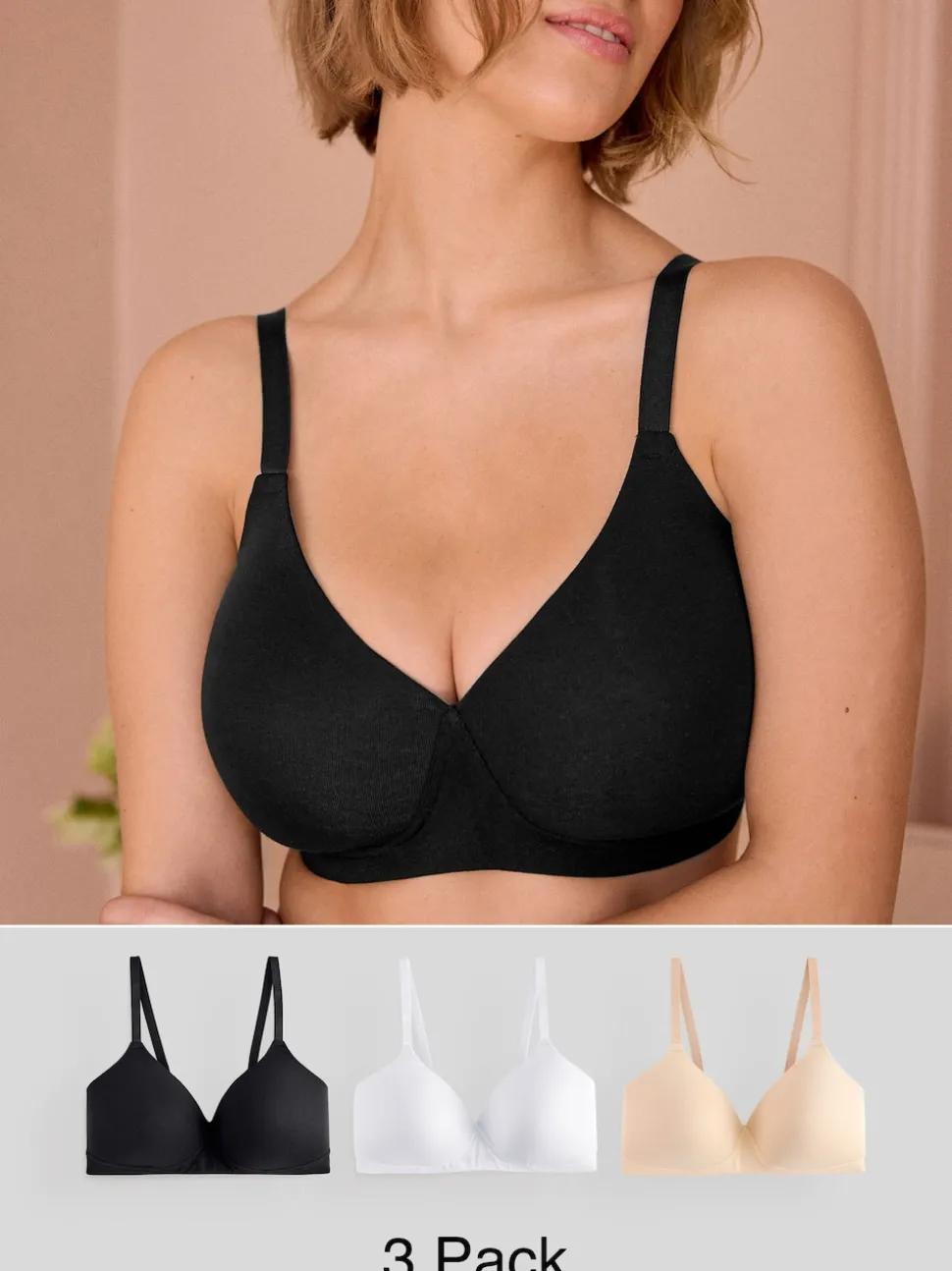 Black/White/Pastel Rose Nude Pad Non Wire DD+ Cotton Blend Ultimate Comfort Bras 3 Pack