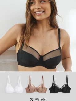 Black/White/Praline Nude DD+ Non Pad Full Cup Bras 3 Pack with Side Support