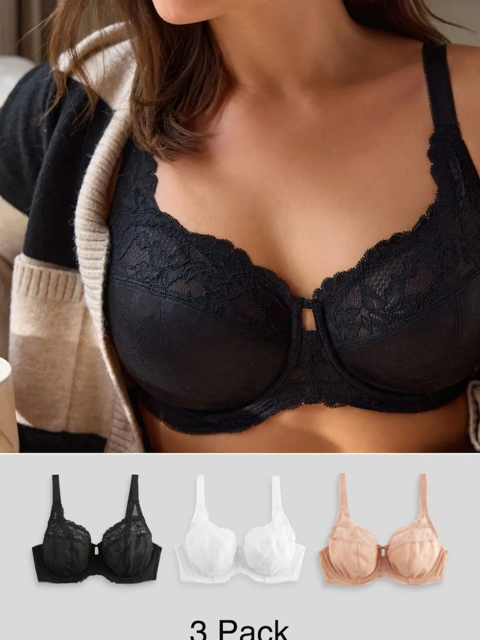 Black/White/Praline Nude DD+ Lace Trim Non Pad Full Cup Underwired Bras 3 Pack