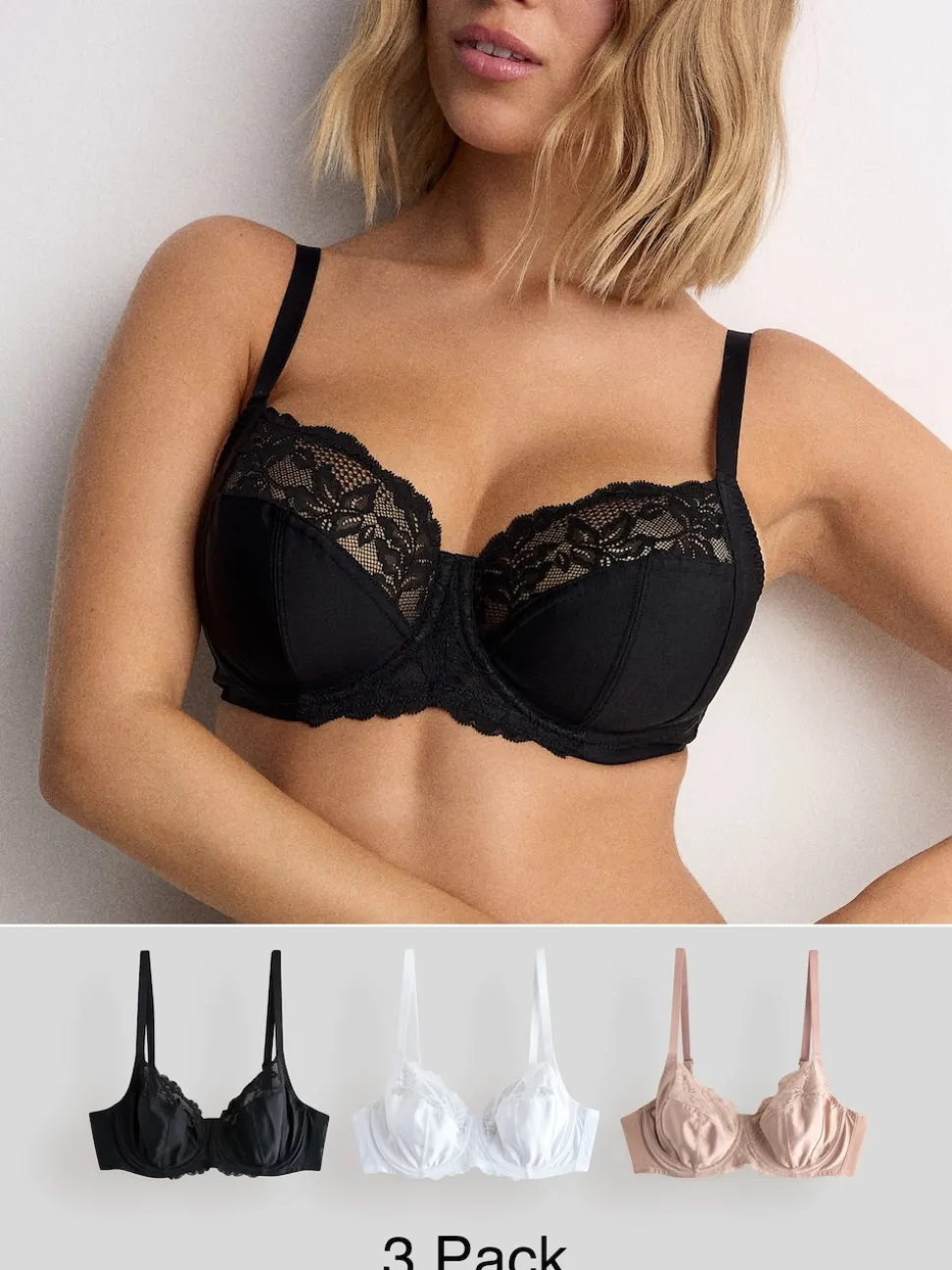 Black/White/Praline Nude DD+ Non Pad Full Cup Bras 3 Pack