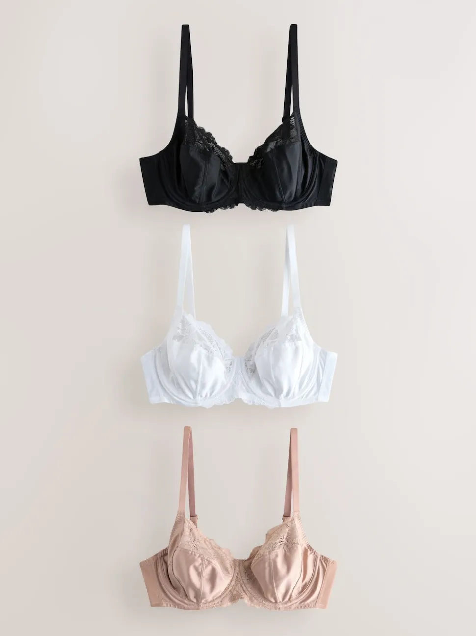 Black/White/Praline Nude DD+ Non Pad Full Cup Bras 3 Pack
