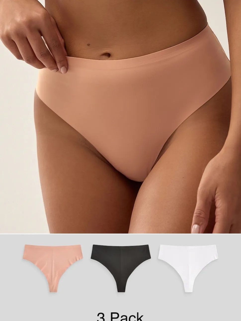 Black/White/Praline Nude High Waisted Thong No VPL Comfort Knickers 3 Pack