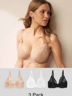 Black/White/Praline Nude Non Pad Plunge DD+ Lace Bras 3 Pack