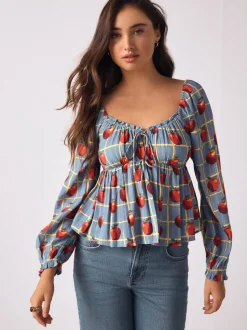 Blue Apple Print Long Sleeve Milkmaid Top