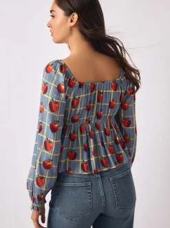 Blue Apple Print Long Sleeve Milkmaid Top