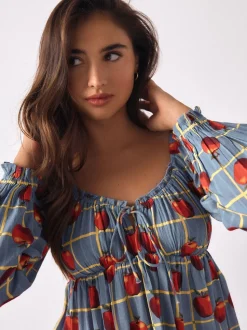 Blue Apple Print Long Sleeve Milkmaid Top