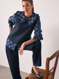 Blue Check Frill Collar Shirt Layer Knitted Tank
