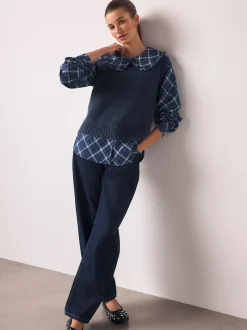 Blue Check Frill Collar Shirt Layer Knitted Tank