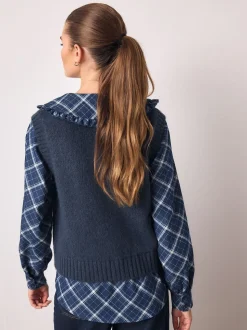 Blue Check Frill Collar Shirt Layer Knitted Tank