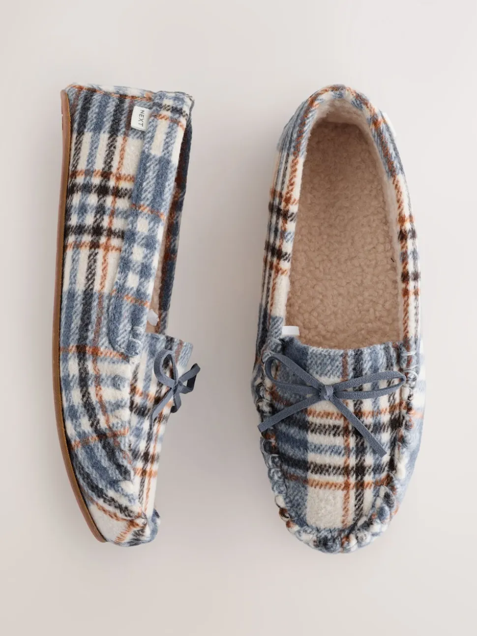 Blue Check Moccasin Brushed Slippers