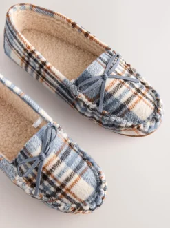 Blue Check Moccasin Brushed Slippers