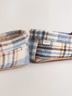 Blue Check Moccasin Brushed Slippers
