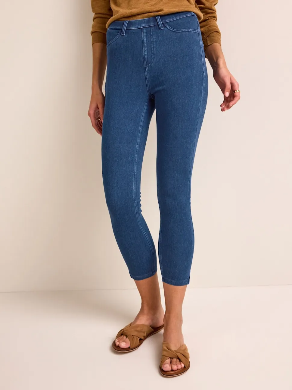Blue Dark Wash Cropped Denim Jersey Leggings