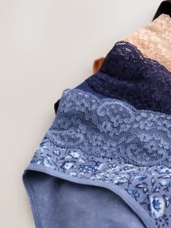 Blue Ditsy Floral High Leg Cotton Lace Knickers 4 Pack