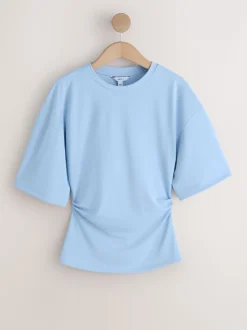 Blue Drape Cinched Waist Half Sleeve Top