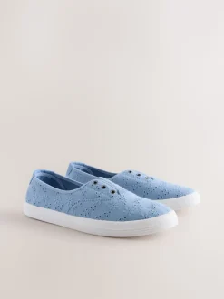 Blue Embroidered Laceless Canvas Slip On Trainers