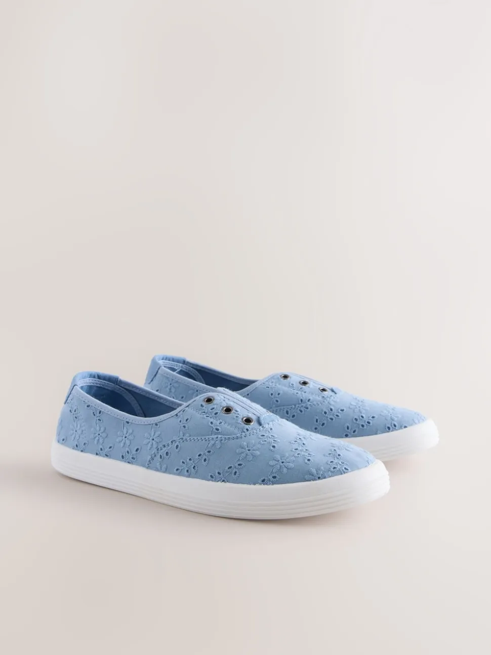 Blue Embroidered Laceless Canvas Slip On Trainers