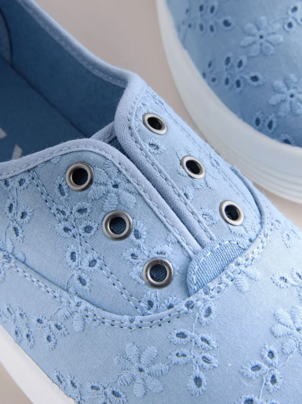 Blue Embroidered Laceless Canvas Slip On Trainers