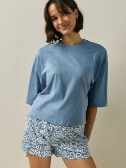 Blue Floral Cotton Short Set Pyjamas