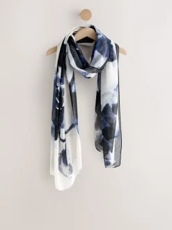 Blue Floral Print Plisse Lightweight Scarf