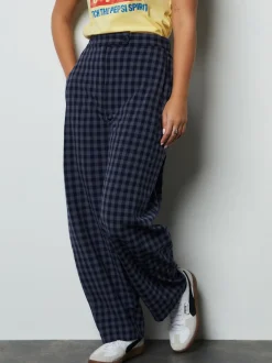 Blue Gingham Barrel Leg Trousers