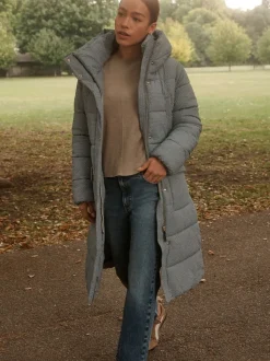 Blue Gingham Shower Resistant Padded Hooded Longline Coat