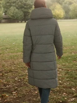 Blue Gingham Shower Resistant Padded Hooded Longline Coat