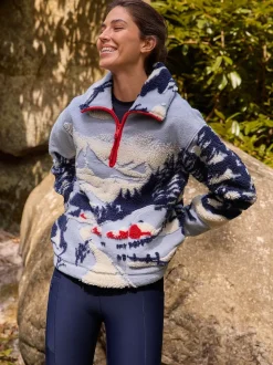 Blue Graphic Winter Scenic Soft Touch Cosy Teddy Borg Quarter Zip Fleece