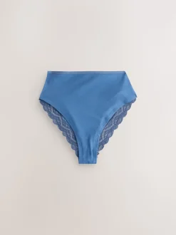 Blue High Waist High Leg Cotton and Lace Knickers 7 Pack