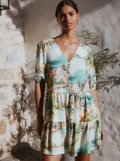 Blue House Print Short Sleeve Button Through Tiered Mini Dress with Linen
