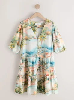 Blue House Print Short Sleeve Button Through Tiered Mini Dress with Linen