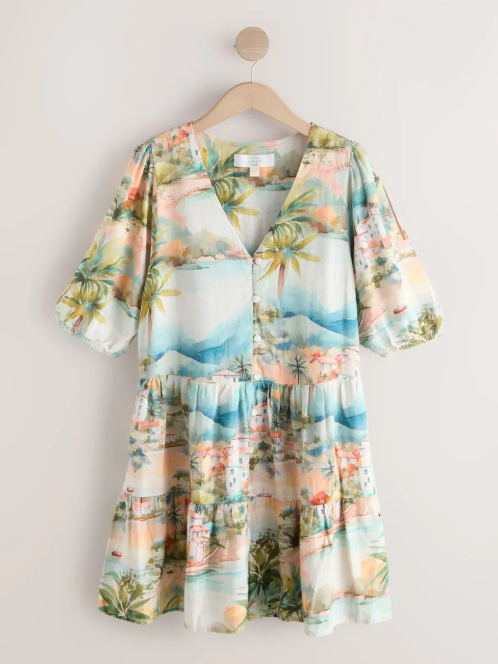 Blue House Print Short Sleeve Button Through Tiered Mini Dress with Linen