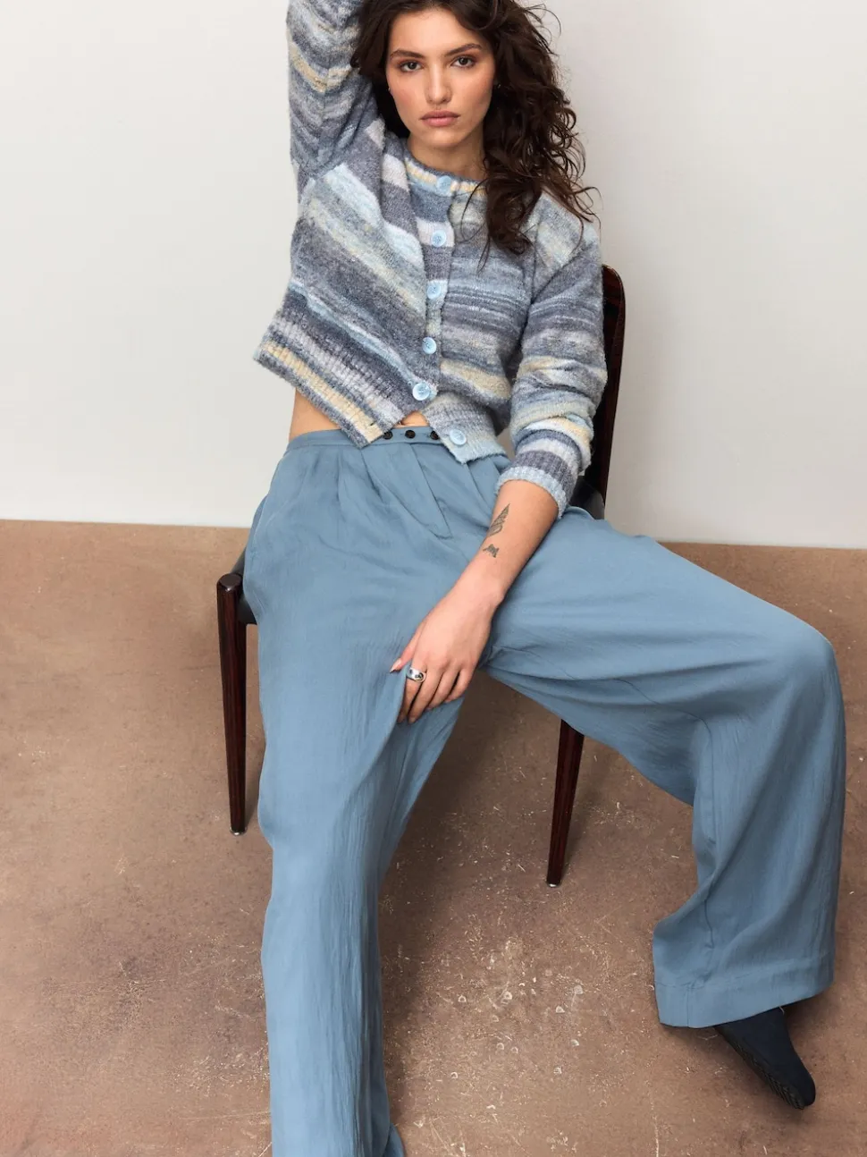 Blue Multi Spacedye Knitted Crew Neck Cardigan