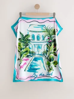 Blue Poolside Scene Satin Square Scarf