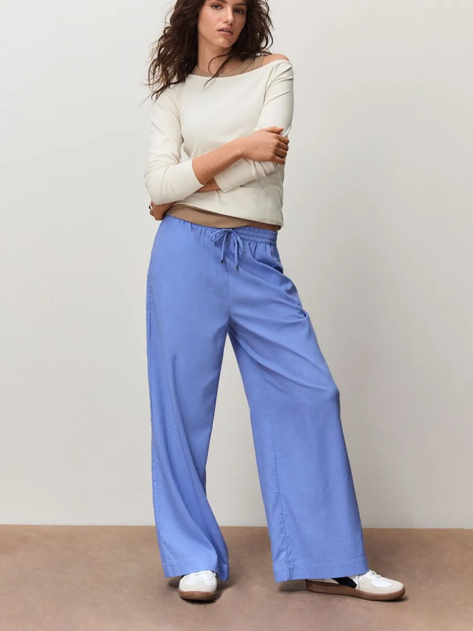 Blue Pull On Wide Leg Trousers With Linen