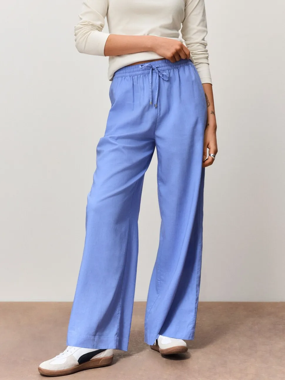 Blue Pull On Wide Leg Trousers With Linen