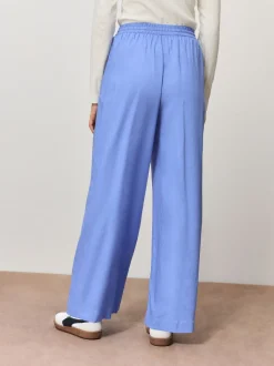 Blue Pull On Wide Leg Trousers With Linen