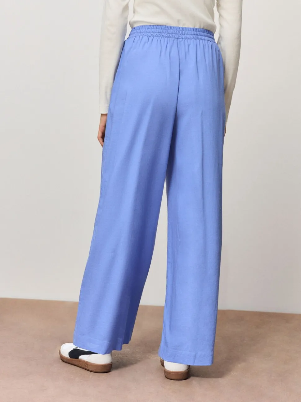 Blue Pull On Wide Leg Trousers With Linen