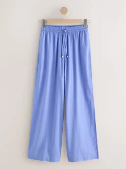 Blue Pull On Wide Leg Trousers With Linen