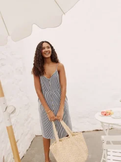 Blue Stripe Jersey Button Down Midi Dress