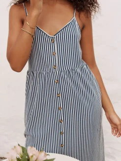 Blue Stripe Jersey Button Down Midi Dress