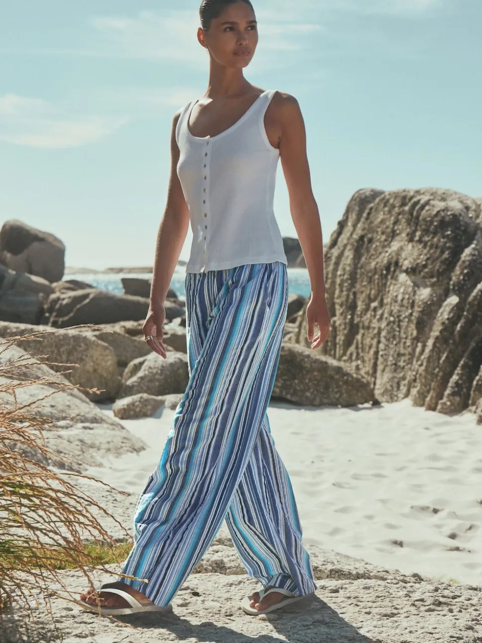 Blue Stripe Pull On Wide Leg Trousers