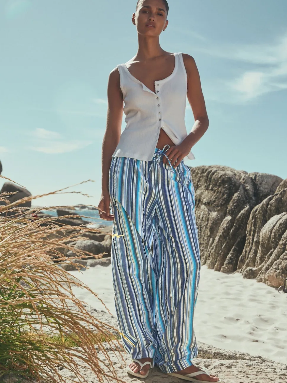 Blue Stripe Pull On Wide Leg Trousers