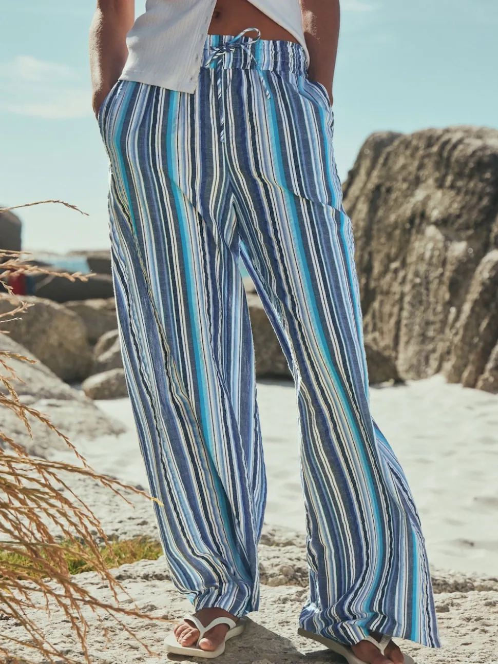 Blue Stripe Pull On Wide Leg Trousers