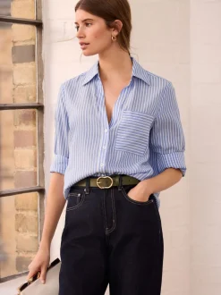 Blue Stripe Soft Relaxed Long Sleeve V Neck Shirt