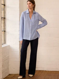 Blue Stripe Soft Relaxed Long Sleeve V Neck Shirt